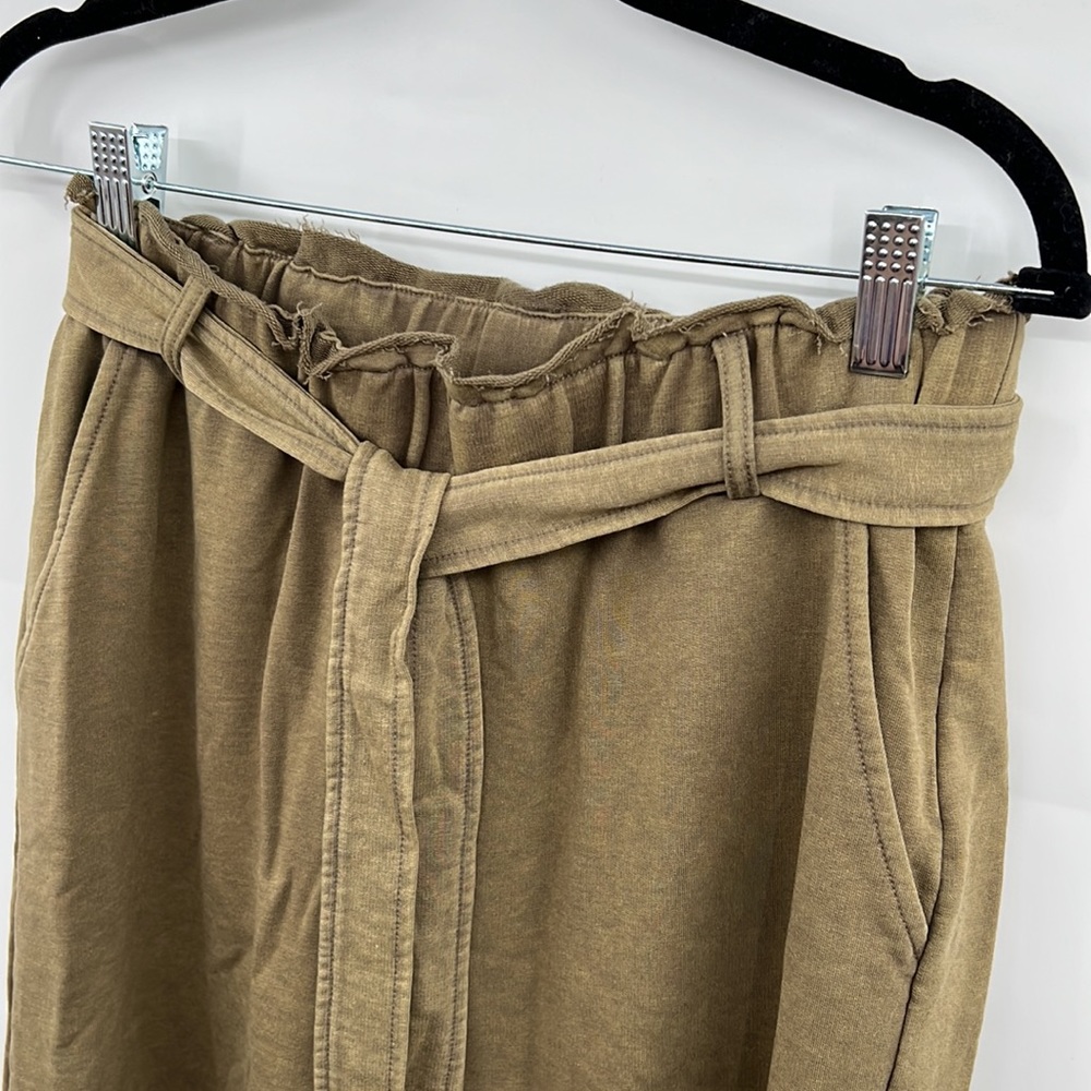 🆕Olive Green French Terry Paperbag Waist Tie High Waist Wide Leg Pants S,M & L - Picture 6 of 16